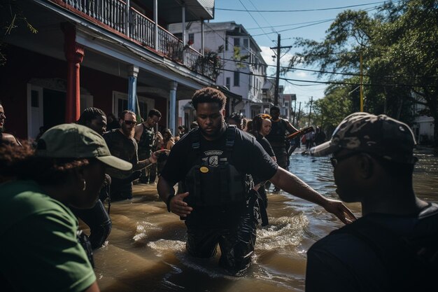 Foto equipos de rescate evacuando a personas de casas inundadas durante un huracán