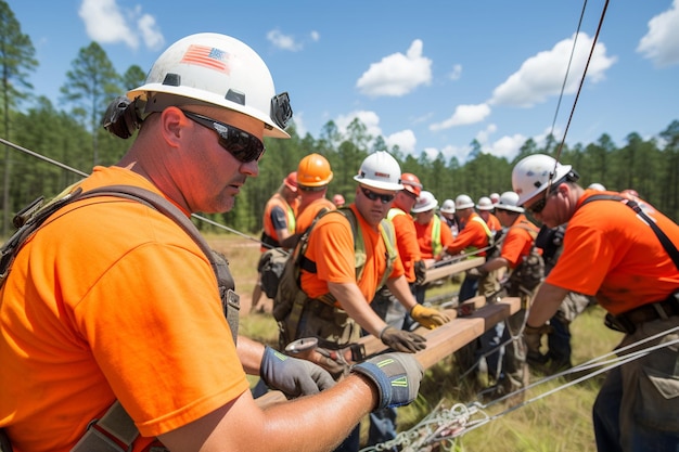 Equipos de servicios públicos trabajando para restaurar las líneas eléctricas después de un huracán