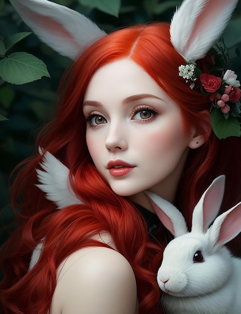 Era hermosa con el pelo rojo Tiene unas alas hermosas y un conejito con ella