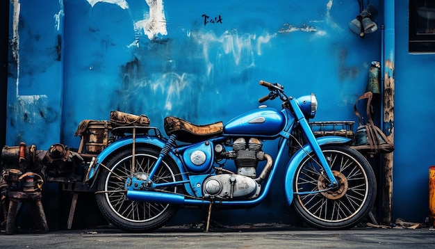 Foto era una motocicleta azul estacionada en un callejón estrecho.