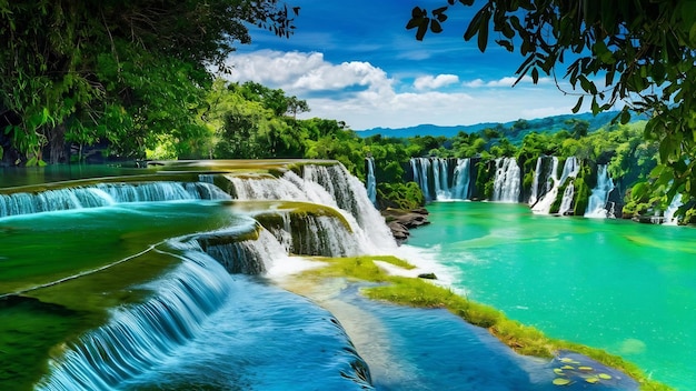 Erawan Wasserfall in Thailand wunderschöner Wasserfall mit Smaragdbecken in der Natur