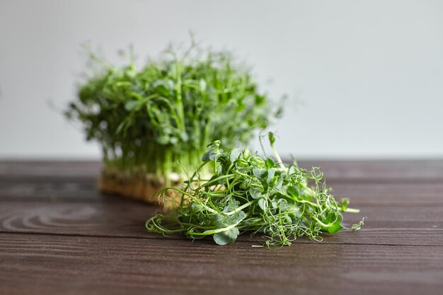 Foto erbsen-mikrogrün auf holztisch geschnittene mikro-erbsensprossen mit frischen blättern auf grauem hintergrund