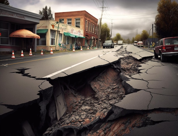 Erdbeben zerstörte die Straße in der Stadt und beschädigte die Straßenoberfläche nach seismischer Aktivität im Wohngebiet