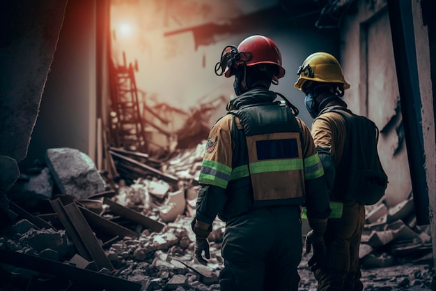 Erdbebenrettungskräfte in Uniform und Helmen räumen Trümmer nach dem Erdbeben weg