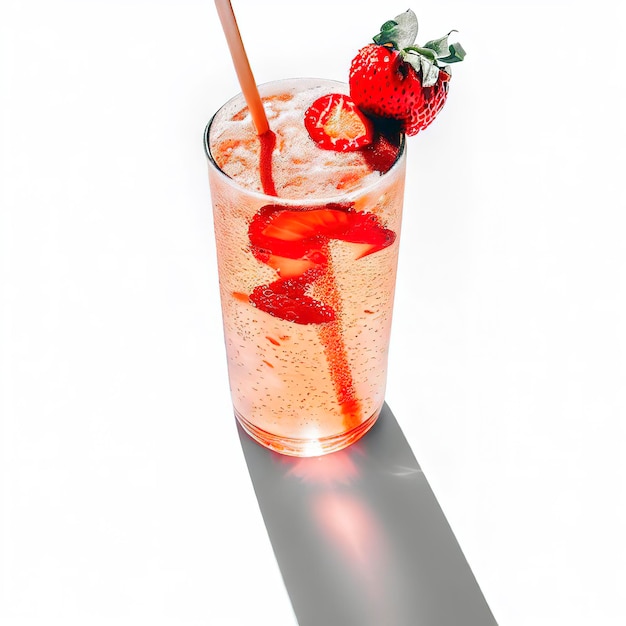 Erdbeer-Alkoholcocktail auf weißem Hintergrund mit Schatten Sommergetränk Erdbeer-Spritz mit leerem Platz Erdbeer-Mocktail im minimalistischen Stil