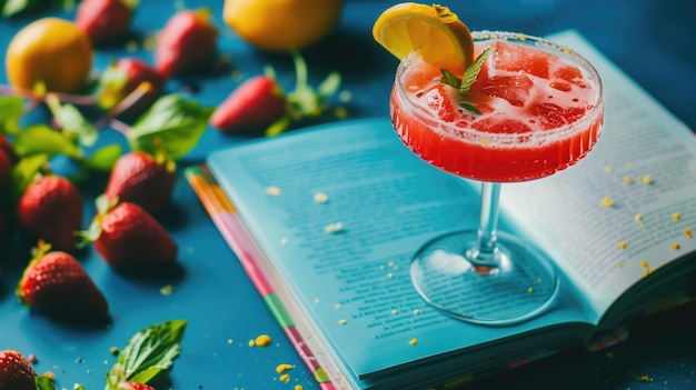 Foto erdbeer-cocktail auf einem offenen buch mit verstreuten zutaten um eine blaue oberfläche