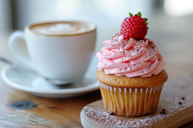 Erdbeer-Cupcake mit einer Tasse Kaffee