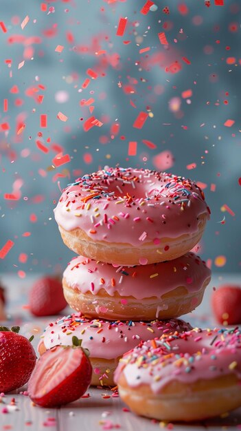 Erdbeer-Donuts auf einem weißen Tisch mit buntem Papier, das über das ganze Bild verstreut ist