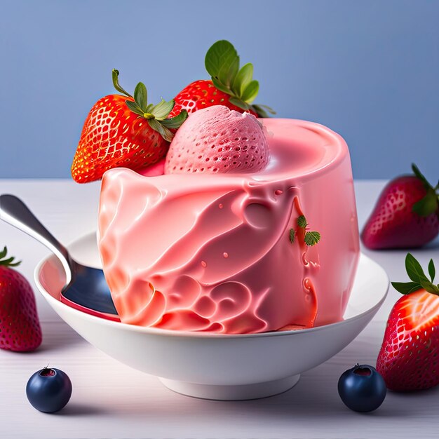 Erdbeer-Eis mit frischen Beeren auf dem Tisch