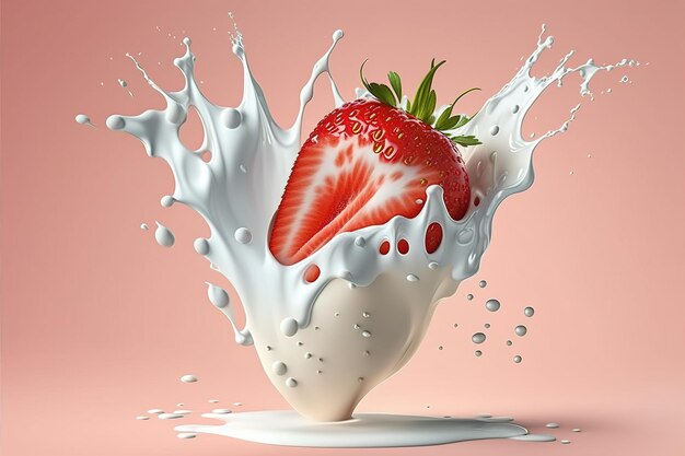 Erdbeer-Levitation-Erdbeeren fallen in die Spritzer von Joghurt und Milch. Isolate Generative Ai