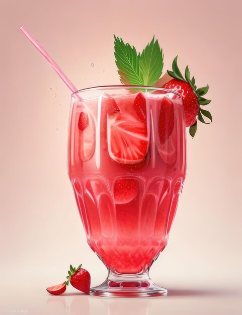 Erdbeer-Smoothie in einem Glas mit einem Strohhalm und Erdbeeren auf einem rosa Hintergrund