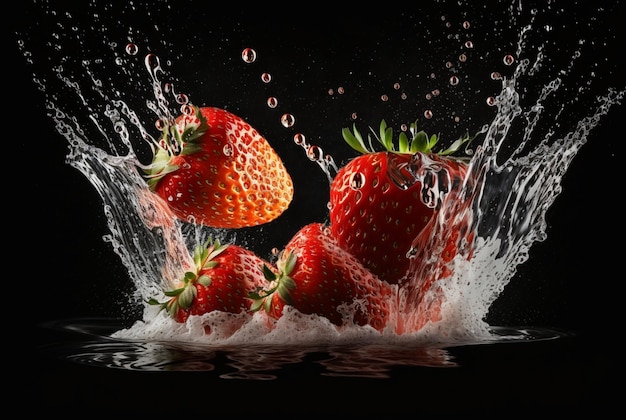 Erdbeere mit Wasserspritzer isoliert auf schwarzem Hintergrund, generative KI