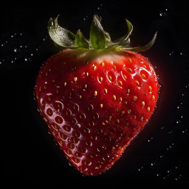 Erdbeere mit Wasserspritzern auf dunklem Hintergrund ai generativ