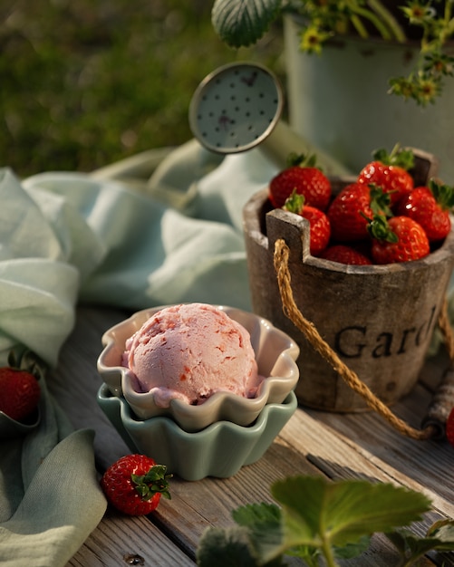 Erdbeereisbällchen mit frischen Erdbeeren in schönen Eisschalen. Vintage Gartenwerkzeug