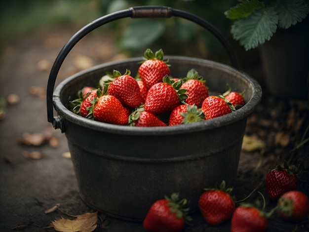 Erdbeeren auf einem Eimer mit Blättern 02