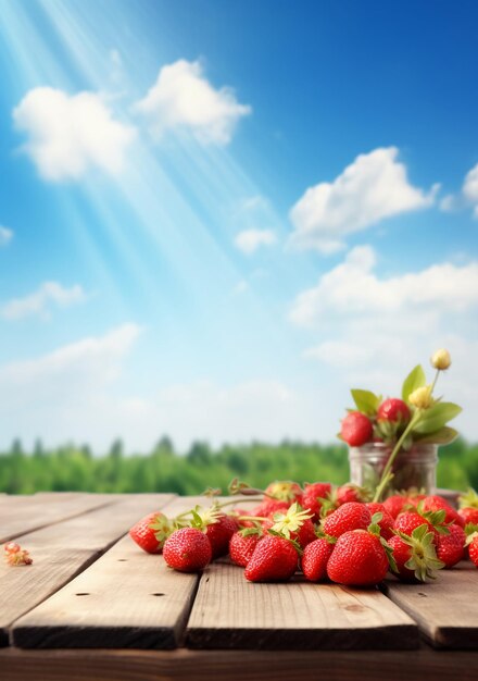 Erdbeeren auf einem Holztisch mit blauem Himmel dahinter