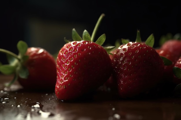 Erdbeeren auf einem Tisch mit Wassertropfen darauf