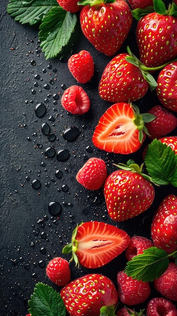 Erdbeeren auf schwarzem Hintergrund mit Wassertropfen