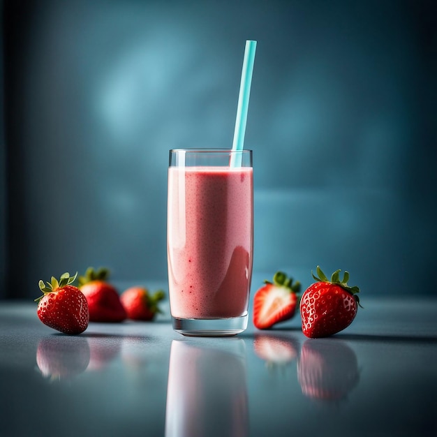 Erdbeeren-Bananen-Smoothie ohne Milchprodukte in einem hohen Glas auf einem hellblauen Schieferstein- oder Betongrund