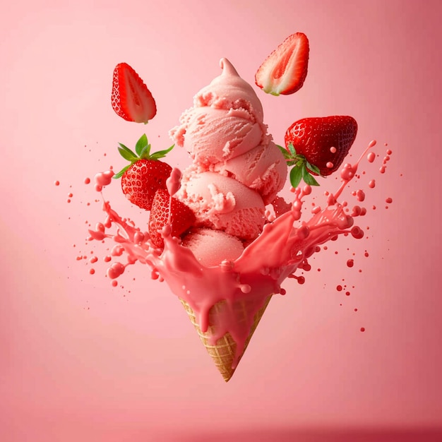 Erdbeeren-Eis mit Splash und Erdbeeren