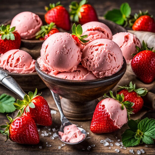 Foto erdbeeren-eis-schuhe mit frischen erdbeeren und eiscreme-kegeln auf einem rustikalen hintergrund