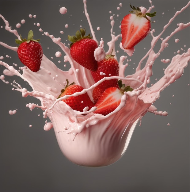 Erdbeeren fallen mit Spritzern in den Joghurt