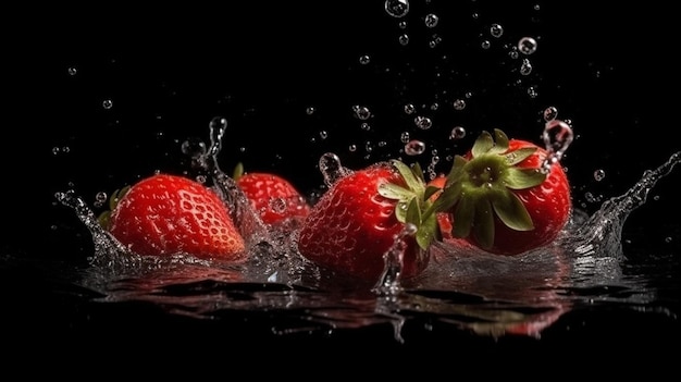 Erdbeeren fallen mit Spritzern und Wellen auf schwarzem Hintergrund ins Wasser. Generative KI