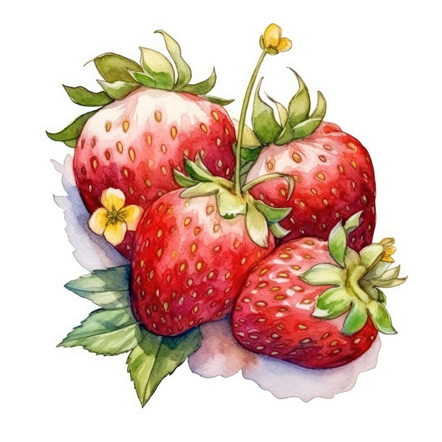 Erdbeeren im Aquarellstil mit Tintenumriss auf weißem Hintergrund, generative KI