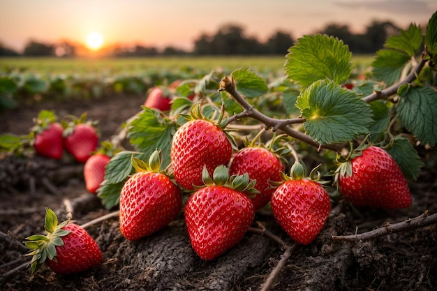 Erdbeeren im Garten bei Sonnenuntergang