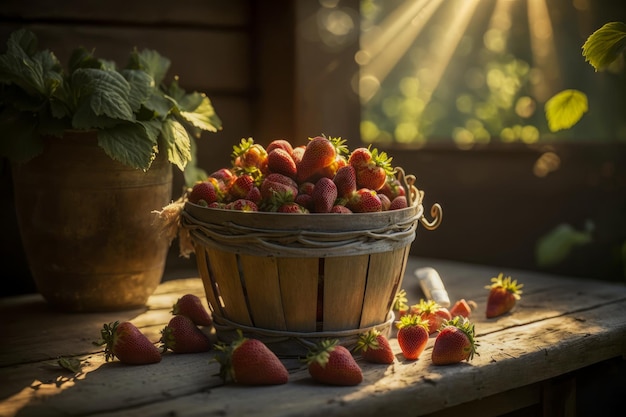 Erdbeeren im Holzkorb auf Holztisch Generative KI