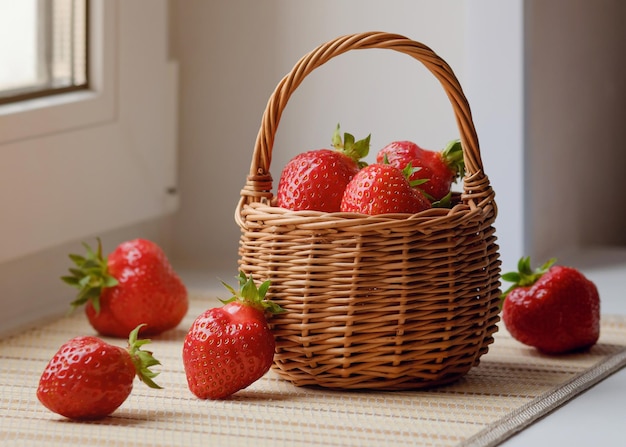 Erdbeeren im Korb. Frische Beeren in einem Korb auf der Fensterbank