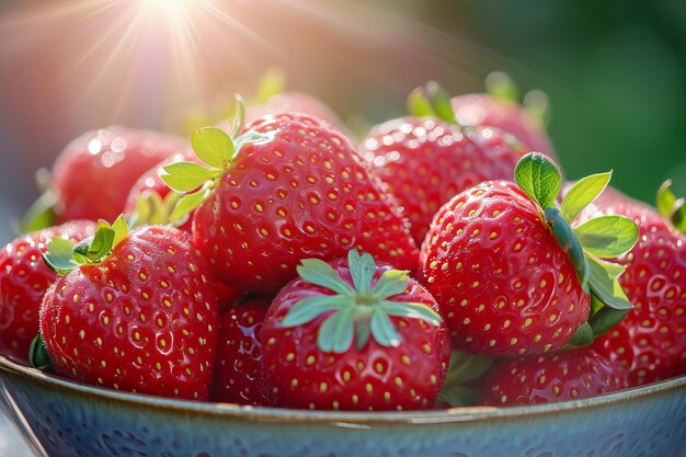 Erdbeeren im Sonnenlicht auf einer Platte in Nahaufnahme