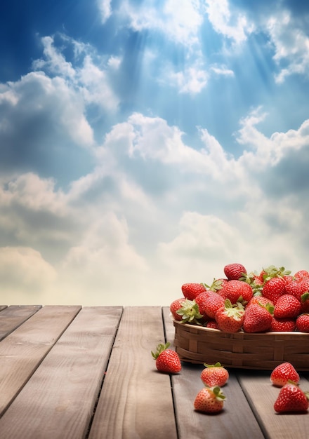 Erdbeeren in einem Korb auf einem Holztisch mit dem Himmel dahinter