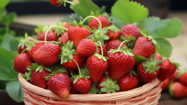 Erdbeeren in einem Korb auf einem Holztisch
