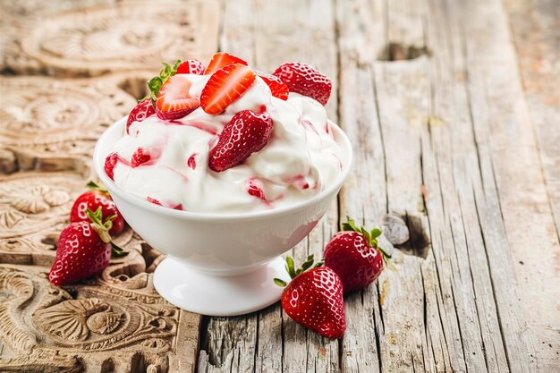 Erdbeeren-Joghurt mit frischen Erdbeeren auf einem alten Holzgrund