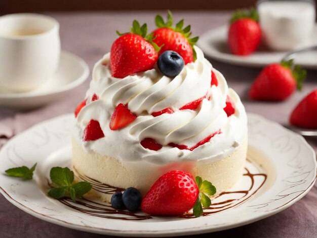 Erdbeeren Pavlova-Kuchen mit Schlagsahne und frischen Erdbeeren Generative KI