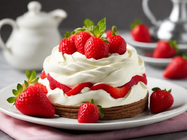 Erdbeeren Pavlova-Kuchen mit Schlagsahne und frischen Erdbeeren Generative KI