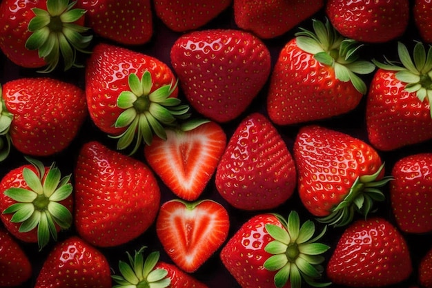 Erdbeeren sind in Herzform auf schwarzem Hintergrund angeordnet Generative AI