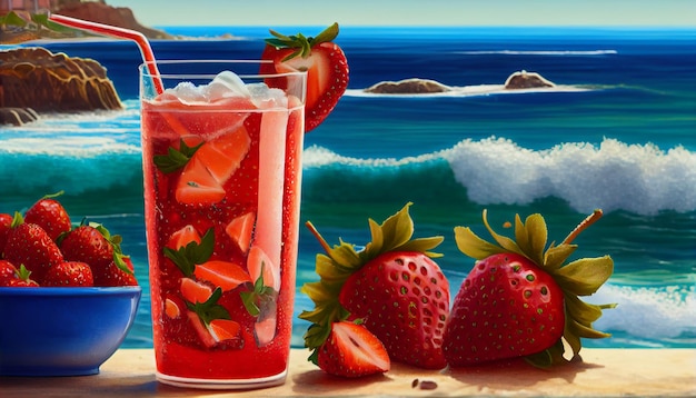 Erdbeeren Sommergetränk auf Meereshintergrund Generieren Sie Ai