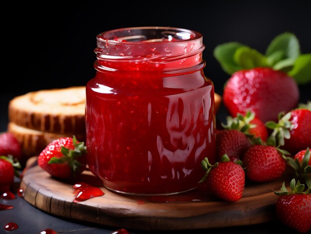 Erdbeermarmelade in einem Glas auf einem Hintergrund mit Beeren, erzeugt von KI