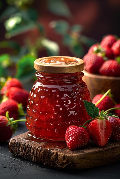 Erdbeermarmelade in einem Glaskrug und frische Erdbeeren auf einem Holztisch