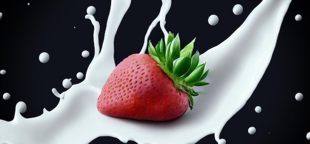 Erdbeermilch spritzt mit Erdbeere isoliert auf schwarzem Hintergrund