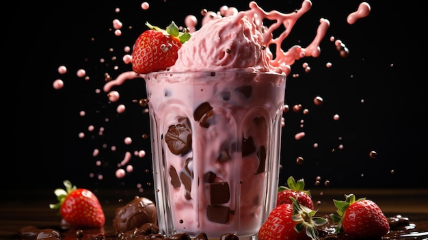 Erdbeermilchshake-Eisgetränk, Erdbeerschokolade auf Glasspritzhintergrund
