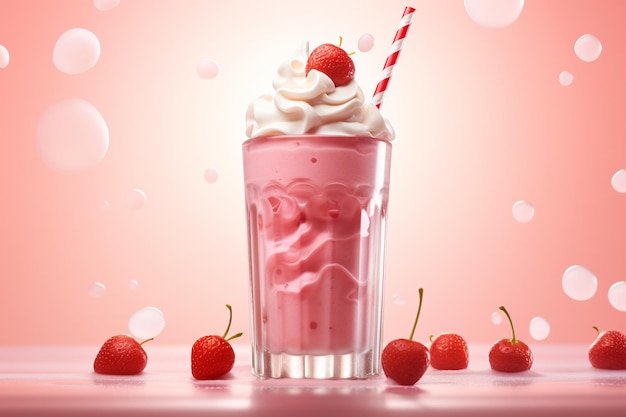 Erdbeermilchshake-Glas mit rosa Hintergrund