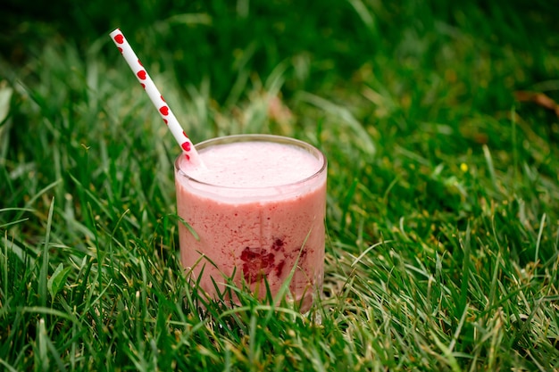 Erdbeermilchshake in einem Glas mit einem Strohhalm im grünen Gras