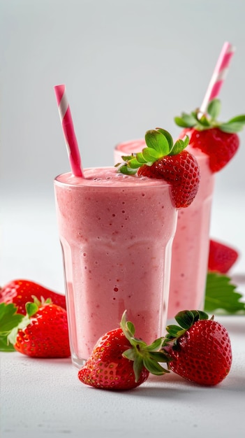 Erdbeermilchshake mit frischen Beeren auf weißem Hintergrund