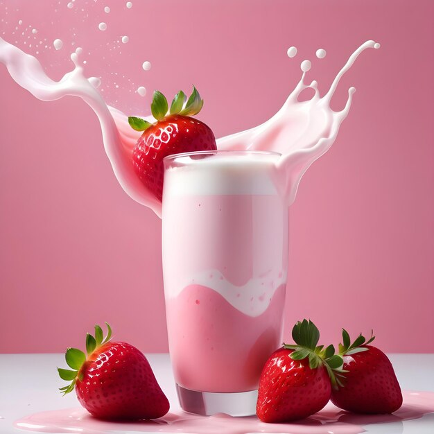 Erdbeermilchshake mit Milchspritzer isoliert auf rosa Hintergrund