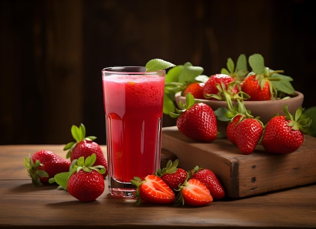 Erdbeersaft auf Holztisch mit Erdbeeren