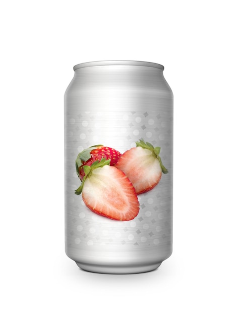 Erdbeersaft-Erfrischungsgetränk in Aluminiumdose auf weißem Hintergrund für Design