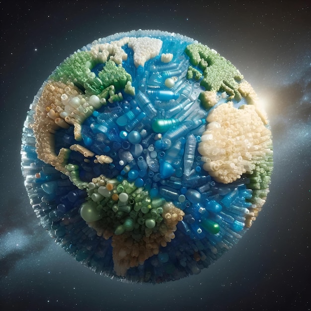 Erde-Tag-Illustration mit dem Planeten Erde, der vollständig aus Plastikflaschen gebaut wurde